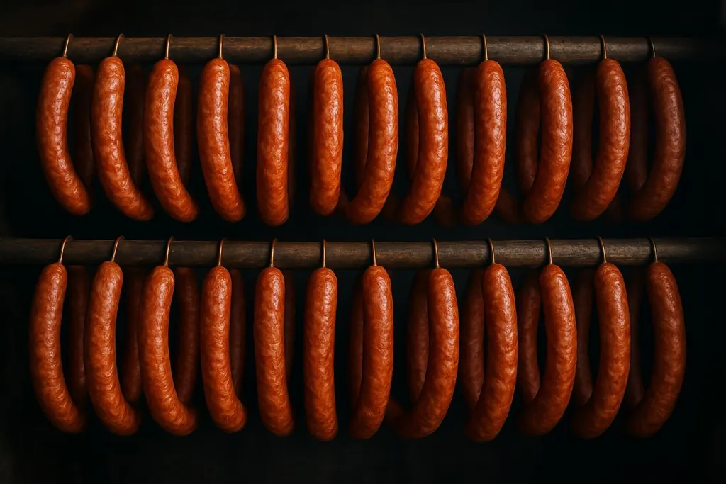 Údené klobásy zavesené na tyčiach